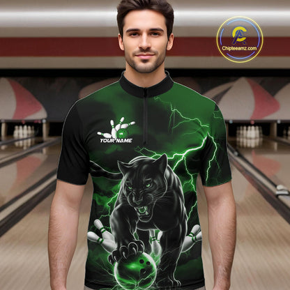 Green Thunder Lightning Custom Panther Men Bowling Quarter-Zip Shirts, Panther Bowling Jerseys IPHW10793