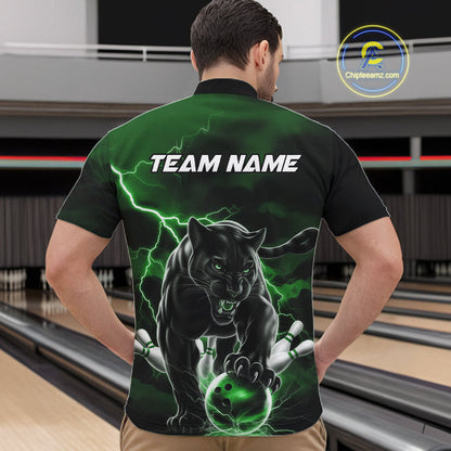 Green Thunder Lightning Custom Panther Men Bowling Quarter-Zip Shirts, Panther Bowling Jerseys IPHW10793