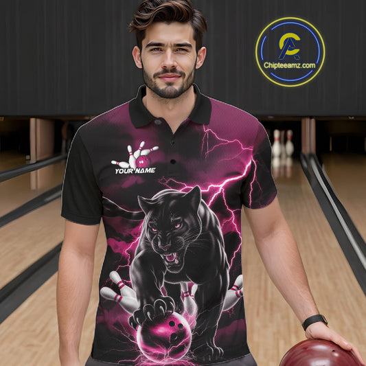 Pink Thunder Lightning Custom Panther Men Bowling Polo Shirts, Panther Bowling Jerseys IPHW10794