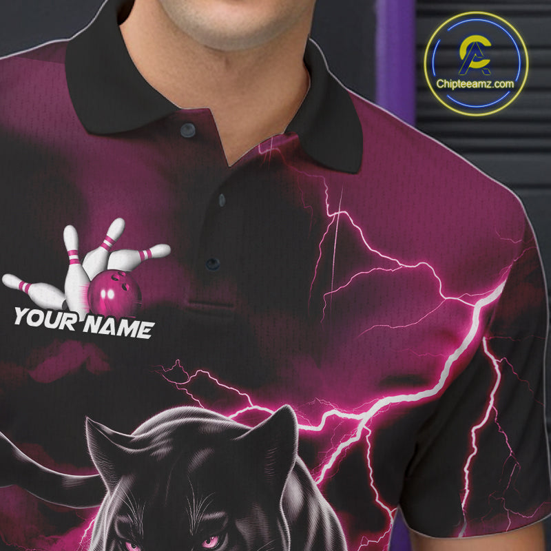 Pink Thunder Lightning Custom Panther Men Bowling Polo Shirts, Panther Bowling Jerseys IPHW10794