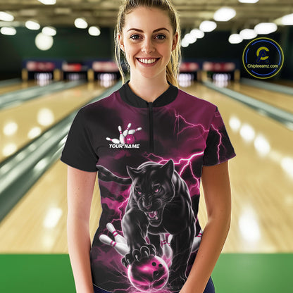 Pink Thunder Lightning Custom Panther Women Bowling Shirts, Panther Bowling Jerseys IPHW10794