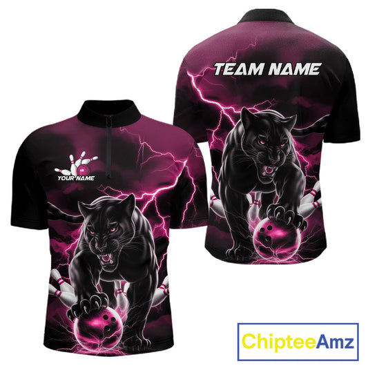 Pink Thunder Lightning Custom Panther Men Bowling Quarter-Zip Shirts, Panther Bowling Jerseys IPHW10794