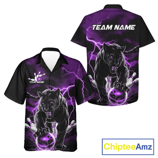 Purple Thunder Lightning Custom Panther Men And Women Bowling Hawaiian Shirts, Panther Bowling Jerseys IPHW10795