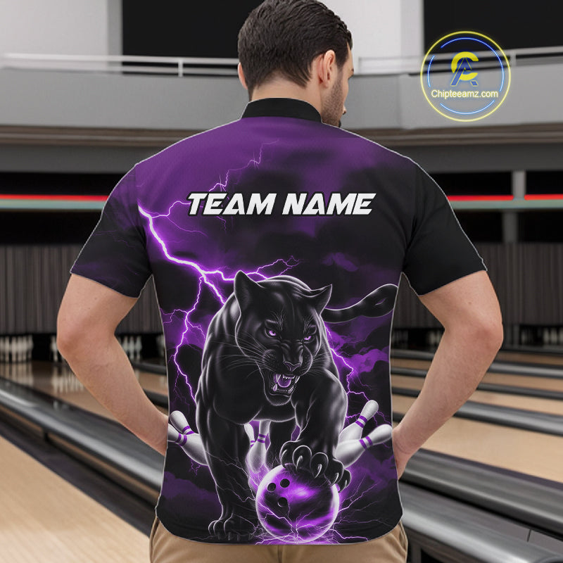 Purple Thunder Lightning Custom Panther Men Bowling Quarter-Zip Shirts, Panther Bowling Jerseys IPHW10795
