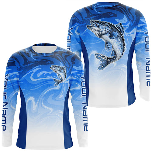 Custom Walleye Long Sleeve Tournament Fishing Shirts, Blue Wave Camo Walleye Fishing Jerseys IPHW6092