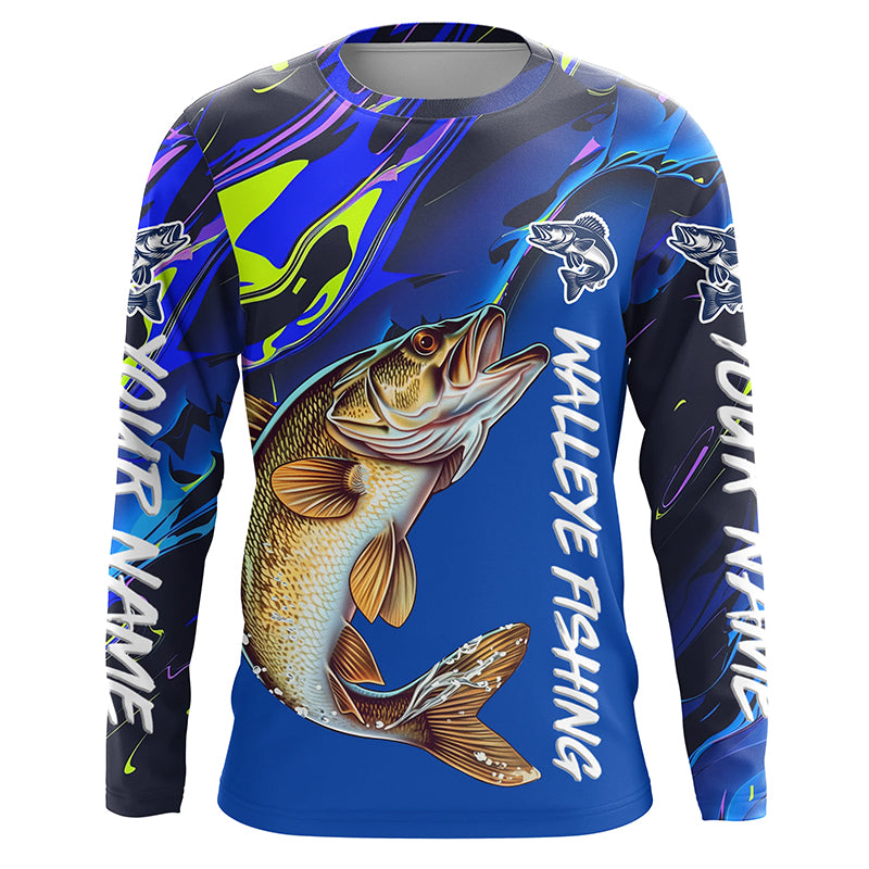 Personalized Walleye Long Sleeve Tournament Fishing Shirts, Water Camo Walleye Fishing Jerseys IPHW6095