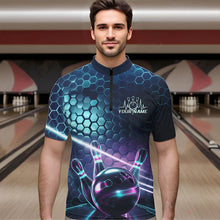 Load image into Gallery viewer, Custom Blue And Purple Holographic Bowling Team Quarter-Zip Shirts For Men, Bowlers Outfit IPHW8901