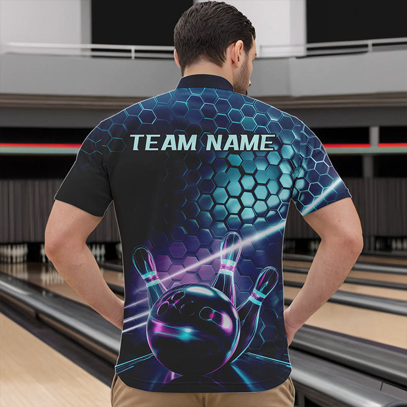 Custom Blue And Purple Holographic Bowling Team Quarter-Zip Shirts For Men, Bowlers Outfit IPHW8901