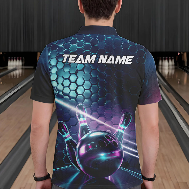Custom Hexagon Holographic Bowling Team Men Polo Shirts, Galaxy Bowling League Shirt IPHW8903