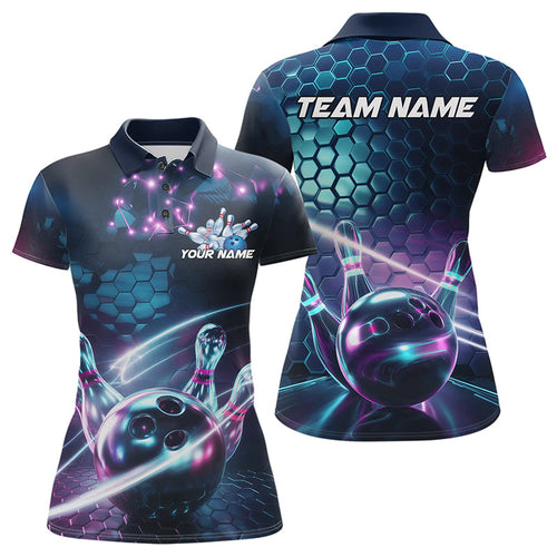 Custom Hexagon Holographic Bowling Team Women Polo Shirts, Galaxy Bowling League Shirt IPHW8903