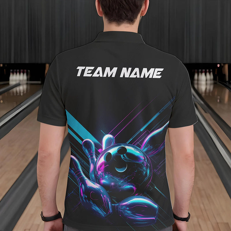 Custom Black, Blue And Purple Holographic Bowling Polo Shirts For Men, Bowling Team Uniform IPHW8905