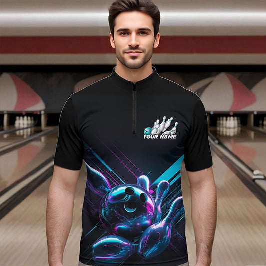 Custom Black, Blue And Purple Holographic Bowling Quarter-Zip Shirts For Men, Bowling Team Uniform IPHW8905