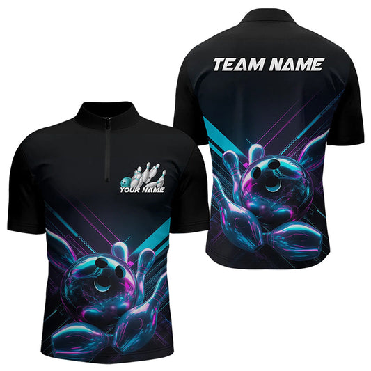 Custom Black, Blue And Purple Holographic Bowling Quarter-Zip Shirts For Men, Bowling Team Uniform IPHW8905