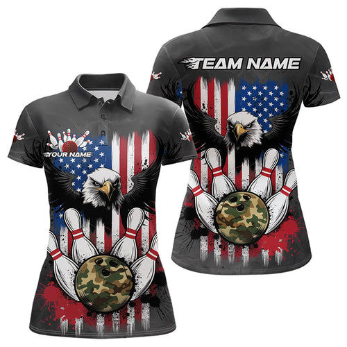 Custom Grunge US Flag Eagle Bowling Women Polo Shirts, Patriotic Camo Bowling Team Shirt IPHW8910