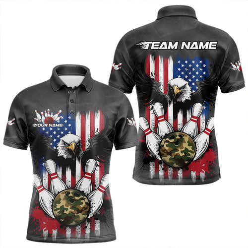 Custom Grunge US Flag Eagle Bowling Men Polo Shirts, Patriotic Camo Bowling Team Shirt IPHW8910
