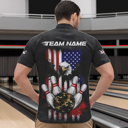 Custom Grunge US Flag Eagle Bowling Men Quarter-Zip Shirts, Patriotic Camo Bowling Team Shirt IPHW8910