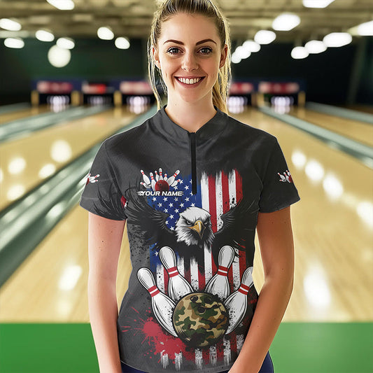 Custom Grunge US Flag Eagle Bowling Women Quarter-Zip Shirts, Patriotic Bowling Team Shirt IPHW8910