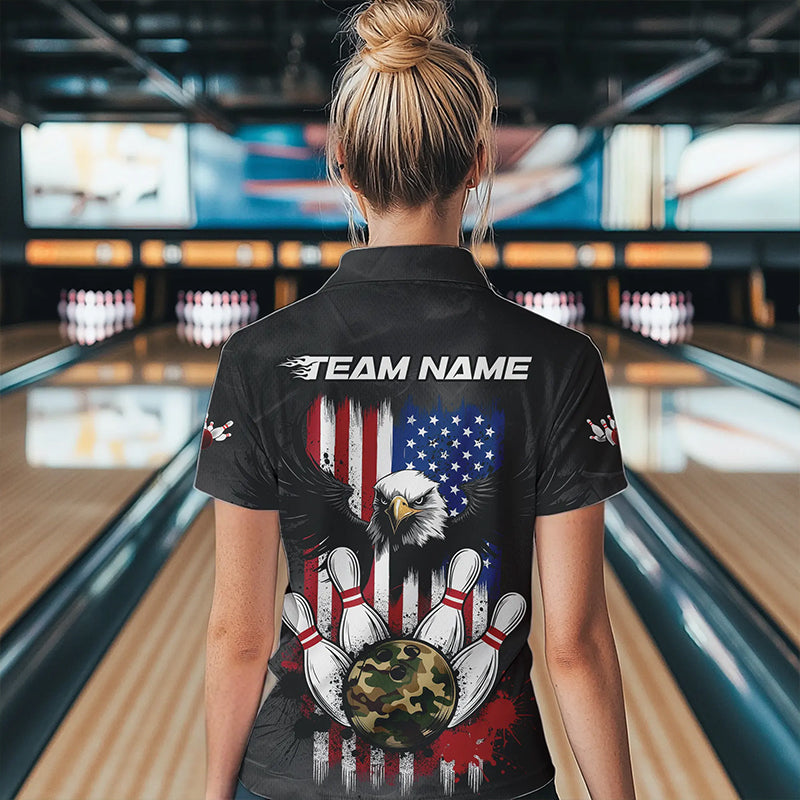 Custom Grunge US Flag Eagle Bowling Women Quarter-Zip Shirts, Patriotic Bowling Team Shirt IPHW8910