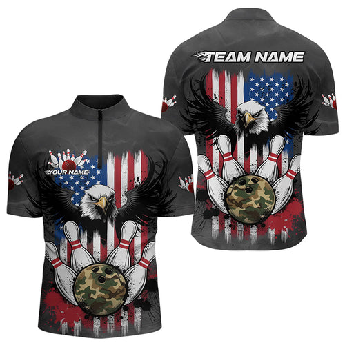 Custom Grunge US Flag Eagle Bowling Men Quarter-Zip Shirts, Patriotic Camo Bowling Team Shirt IPHW8910
