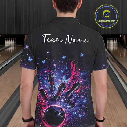 Back view of a male model in a colorful bowling polo shirt featuring sparkling butterfly bowling artwork.