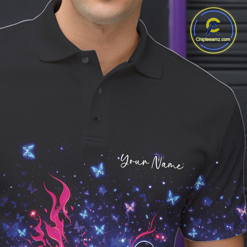 Left chest close-up of a colorful bowling polo shirt with fiery bowling graphics and sparkling butterfly accents.