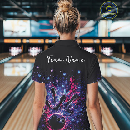 Back view of a female model in a colorful bowling polo shirt showcasing sparkling butterfly bowling artwork.