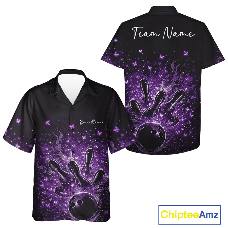 Front and back views of a black and purple button-up bowling shirt showcasing fiery bowling action artwork with sparkly butterflies.