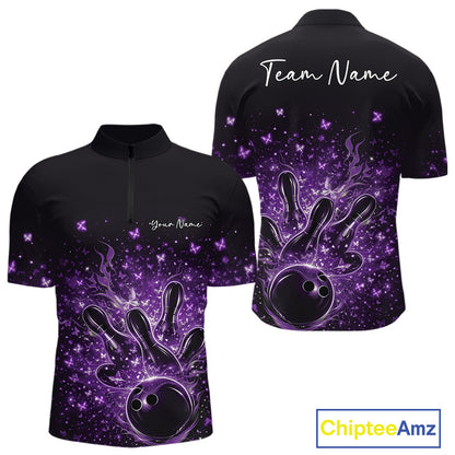 Front and back views of a black and purple mens bowling quarter-zip shirt featuring flaming strike artwork and sparkling butterflies.