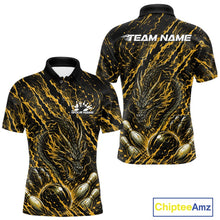 Load image into Gallery viewer, Custom yellow dragon bowling shirt with vibrant lightning accents a fierce dragon and pins