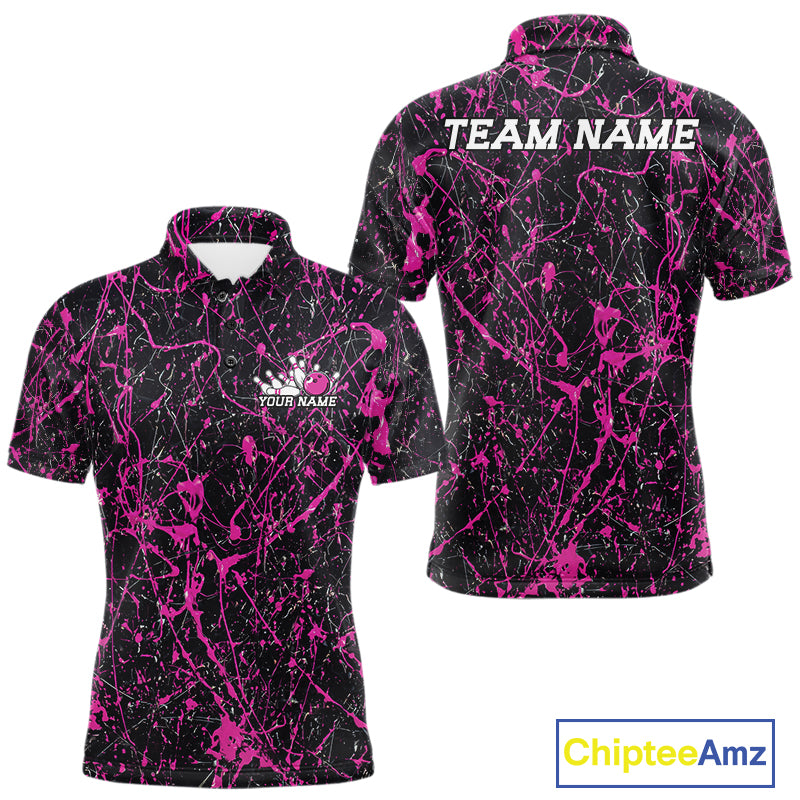 Custom black and pink paint splatter polo shirt mockup shown from front and back, featuring personalized â€œYour Nameâ€ text on the chest, large â€œTEAM NAMEâ€ lettering across the back