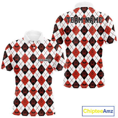 Custom Funny White, Black And Orange Halloween Bowling Argyle Pattern Men Polo Shirt IPHW11911