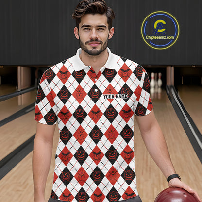 Custom Funny White, Black And Orange Halloween Bowling Argyle Pattern Men Polo Shirt IPHW11911