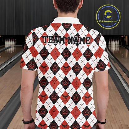 Custom Funny White, Black And Orange Halloween Bowling Argyle Pattern Men Polo Shirt IPHW11911