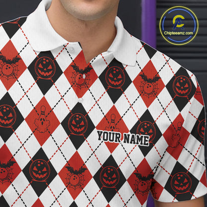 Custom Funny White, Black And Orange Halloween Bowling Argyle Pattern Men Polo Shirt IPHW11911