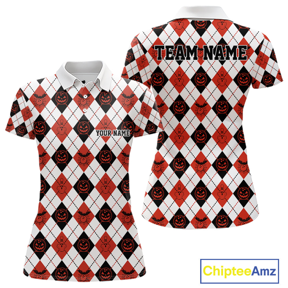 Custom Funny White, Black And Orange Halloween Bowling Argyle Pattern Women Polo Shirt IPHW11911