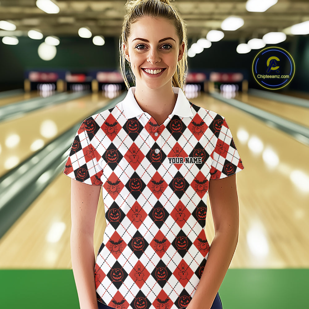 Custom Funny White, Black And Orange Halloween Bowling Argyle Pattern Women Polo Shirt IPHW11911