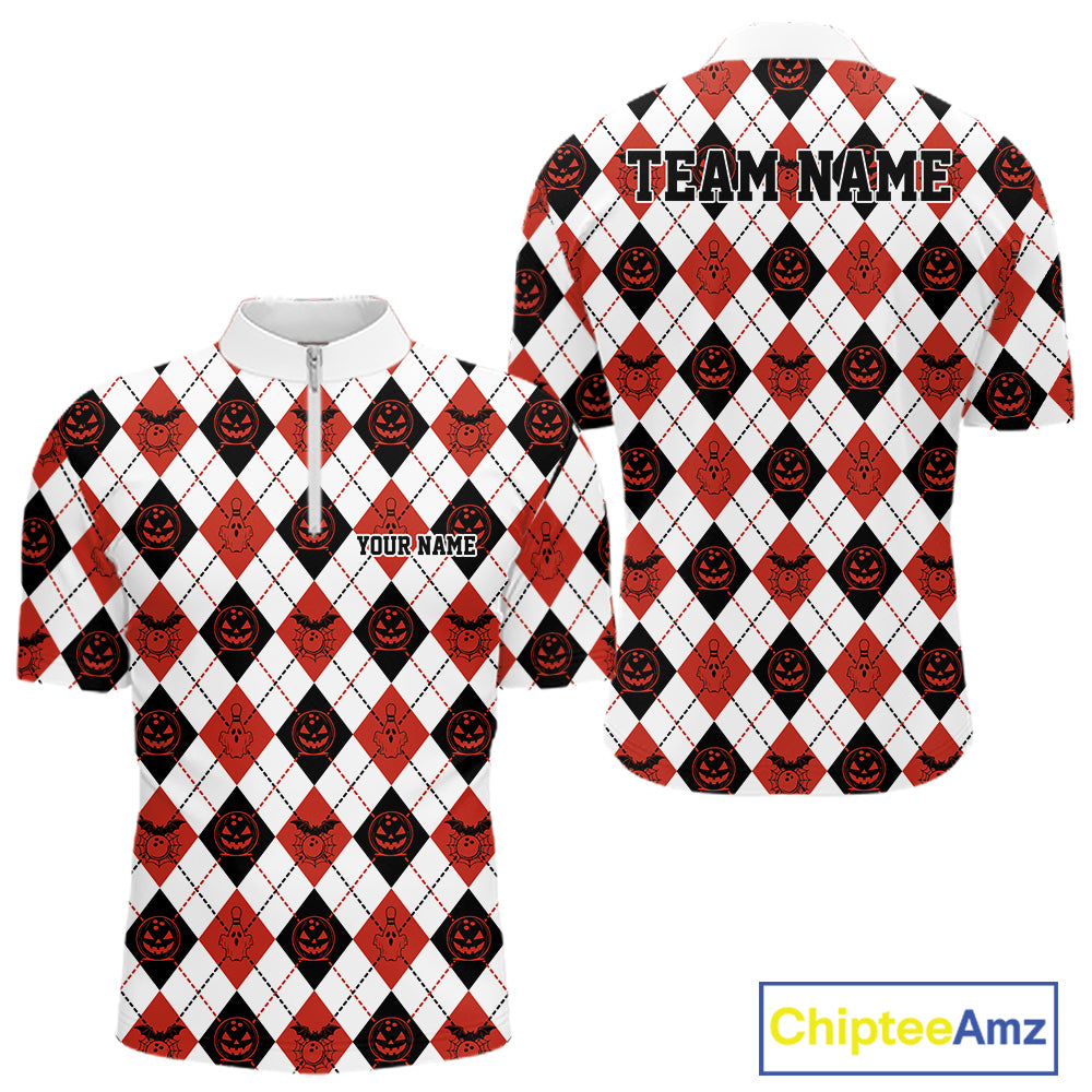 Custom Funny White, Black And Orange Halloween Bowling Argyle Pattern Men Quarter Zip Shirt IPHW11911