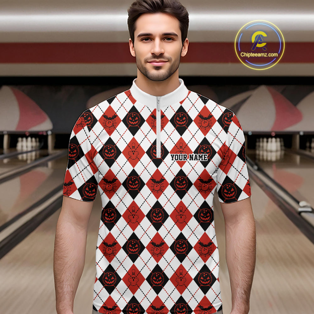 Custom Funny White, Black And Orange Halloween Bowling Argyle Pattern Men Quarter Zip Shirt IPHW11911