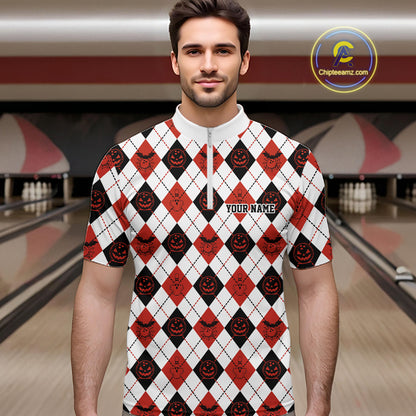 Custom Funny White, Black And Orange Halloween Bowling Argyle Pattern Men Quarter Zip Shirt IPHW11911