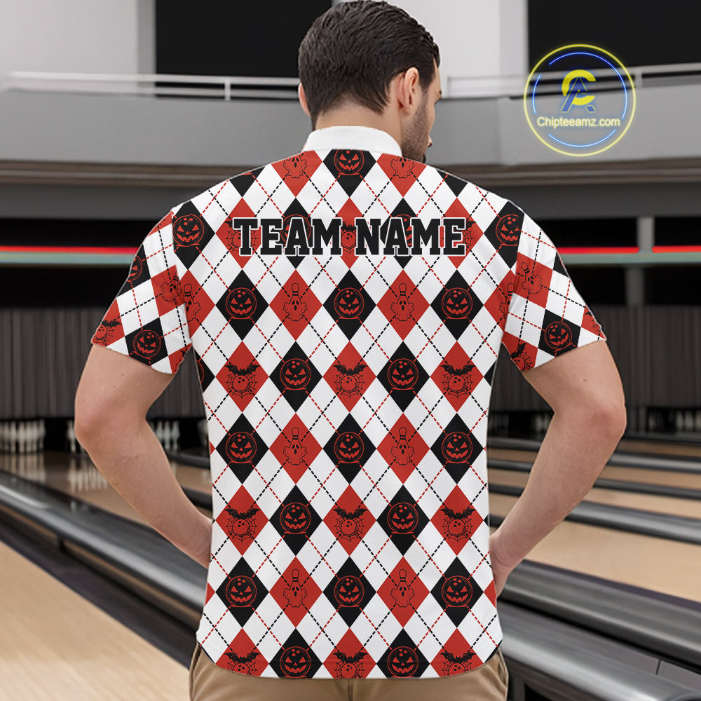 Custom Funny White, Black And Orange Halloween Bowling Argyle Pattern Men Quarter Zip Shirt IPHW11911
