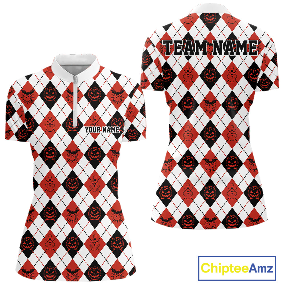 Custom Funny White, Black And Orange Halloween Bowling Argyle Women Quarter-Zip Shirt IPHW11911