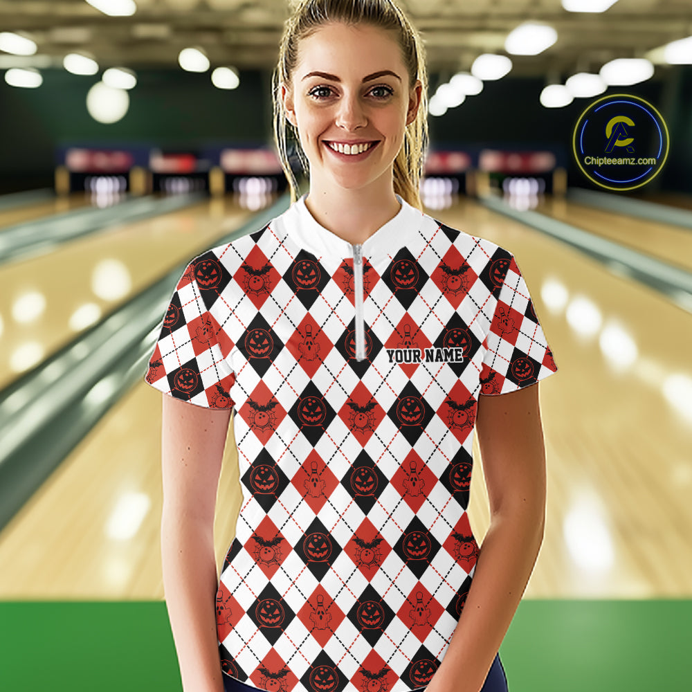Custom Funny White, Black And Orange Halloween Bowling Argyle Women Quarter-Zip Shirt IPHW11911