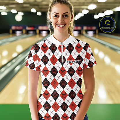 Custom Funny White, Black And Orange Halloween Bowling Argyle Women Quarter-Zip Shirt IPHW11911