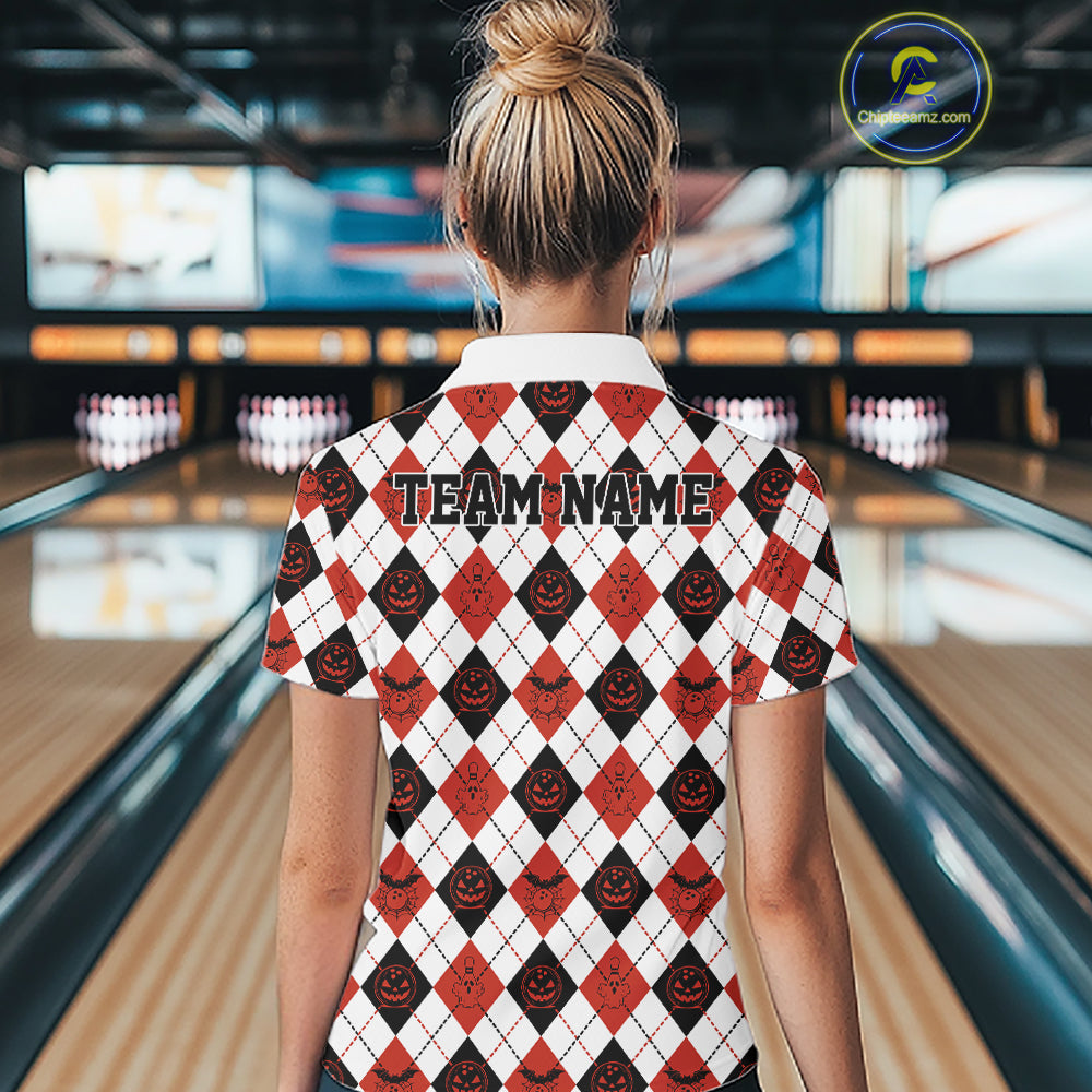 Custom Funny White, Black And Orange Halloween Bowling Argyle Women Quarter-Zip Shirt IPHW11911