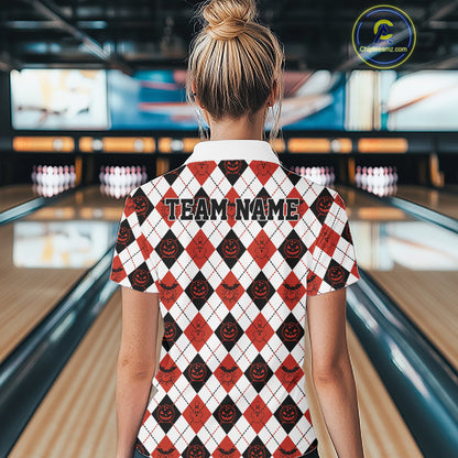 Custom Funny White, Black And Orange Halloween Bowling Argyle Women Quarter-Zip Shirt IPHW11911