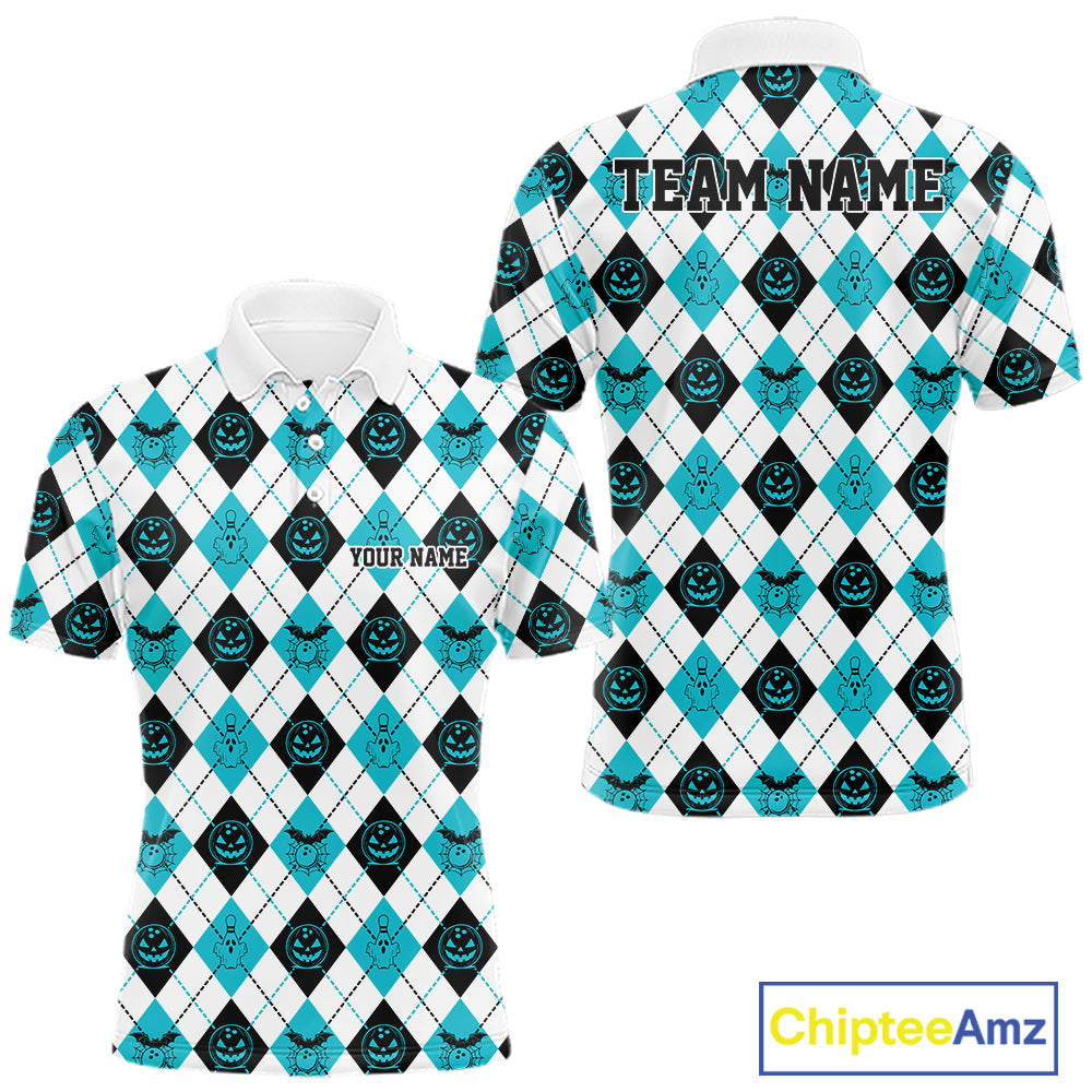 Custom Funny White, Black And Blue Halloween Bowling Argyle Pattern Men Polo Shirt IPHW11912