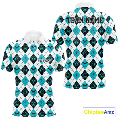 Custom Funny White, Black And Blue Halloween Bowling Argyle Pattern Men Polo Shirt IPHW11912