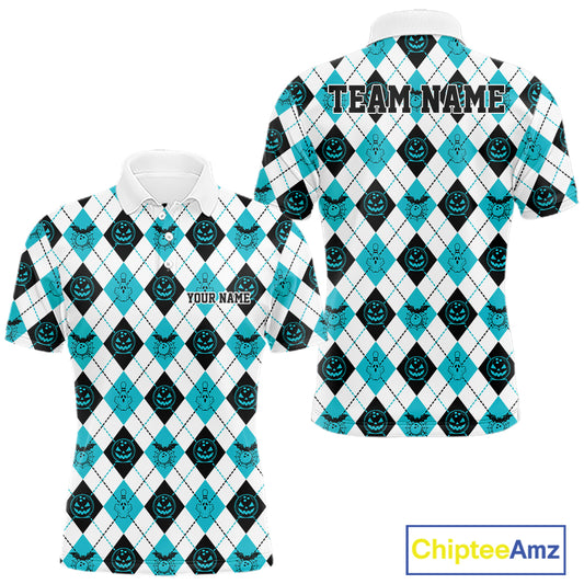 Custom Funny White, Black And Blue Halloween Bowling Argyle Pattern Men Polo Shirt IPHW11912