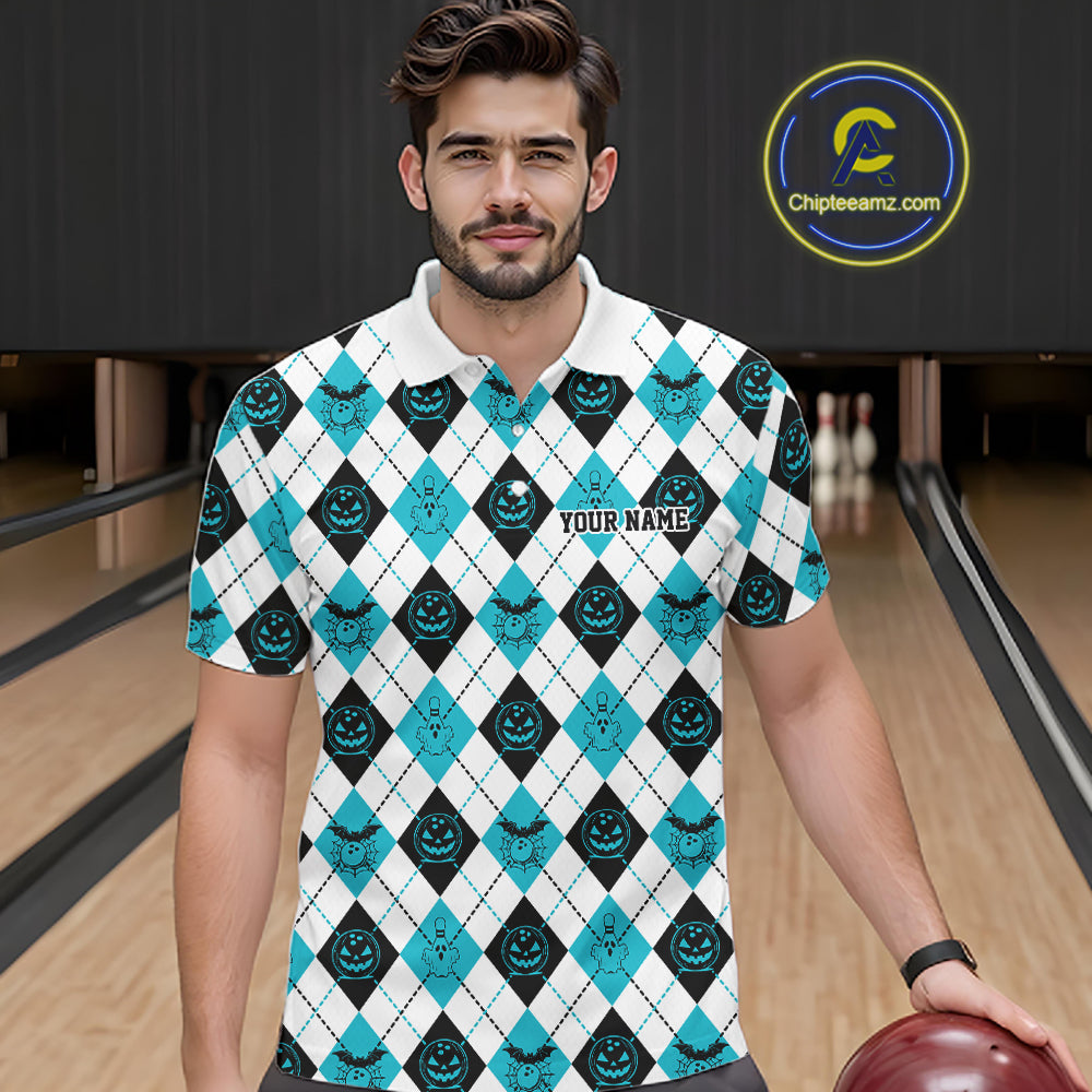 Custom Funny White, Black And Blue Halloween Bowling Argyle Pattern Men Polo Shirt IPHW11912