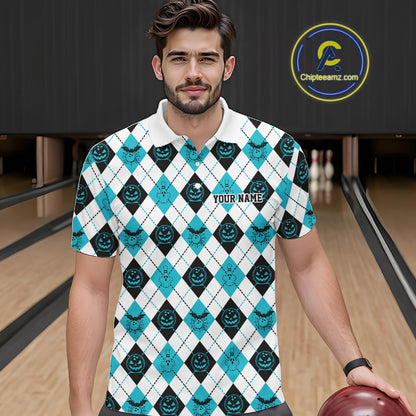 Custom Funny White, Black And Blue Halloween Bowling Argyle Pattern Men Polo Shirt IPHW11912